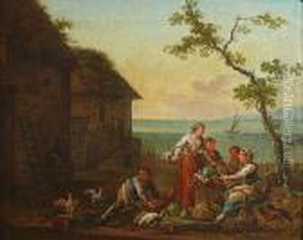 Scene De Marche En Bord De Mer Oil Painting by Jean-Baptiste Claudot De Nancy