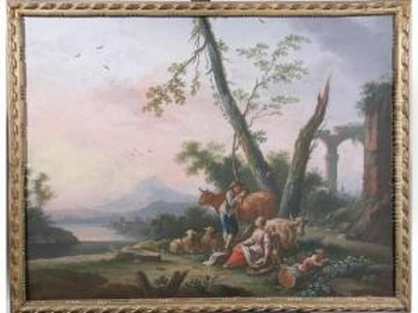 Scene Pastorale Avec Ruines Antiques Oil Painting by Jean-Baptiste Claudot De Nancy