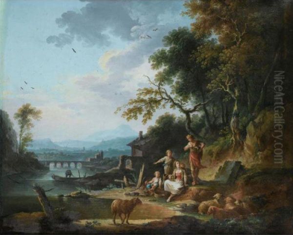 Le Repos D'une Famille De Paysans Dans Un Paysage De Riviere Oil Painting by Jean-Baptiste Claudot De Nancy