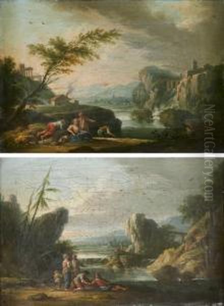 Paysages De Riviere Avec Des Pecheurs Et Promeneurs
 Paire De Toiles Oil Painting by Jean-Baptiste Claudot De Nancy