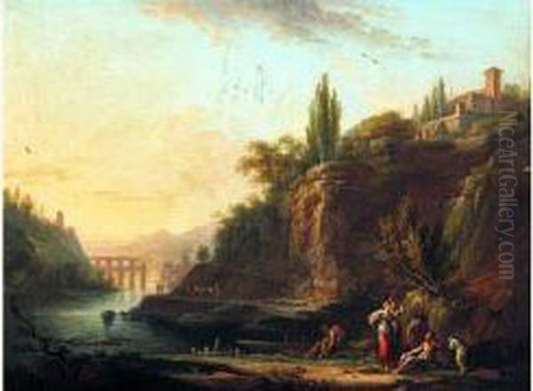 Le Repos Des Promeneurs Et Des Lavandieres Pres D'une Riviere Oil Painting by Jean-Baptiste Claudot De Nancy