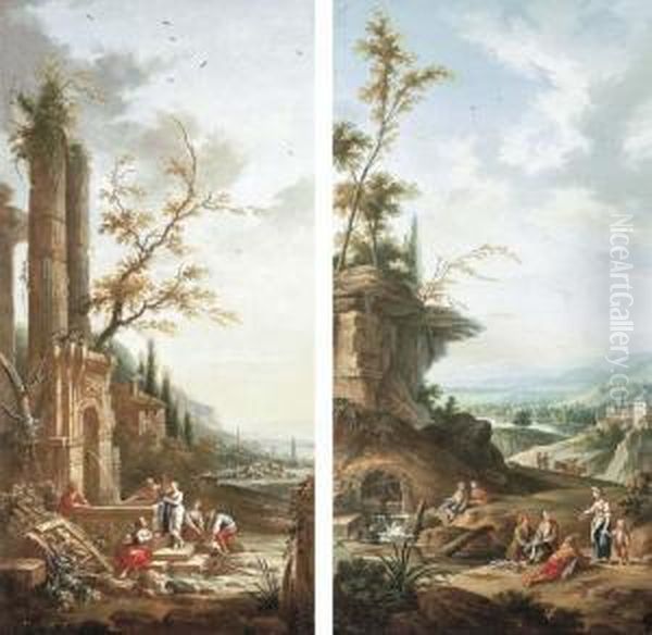 A Landscape With Peasants 
Washing Laundry At A Fountain; And Alandscape With Peasants Fishing And 
Resting By A River Oil Painting by Jean-Baptiste Claudot De Nancy