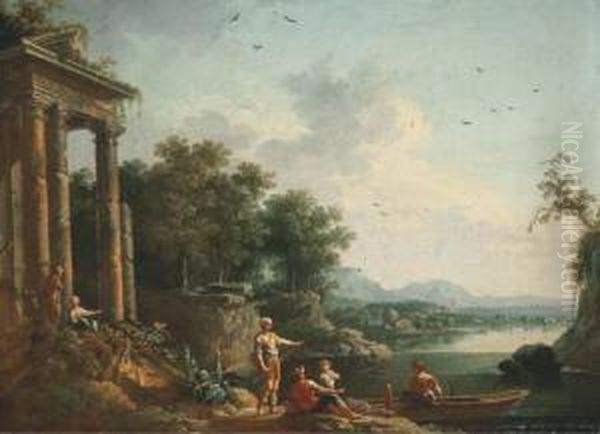 Une Famille De Pecheurs Devant Les Ruines D'un Temple Oil Painting by Jean-Baptiste Claudot De Nancy