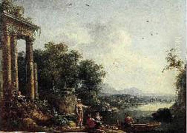 Pecheurs Pres D'une Ruine Antique Oil Painting by Jean-Baptiste Claudot De Nancy