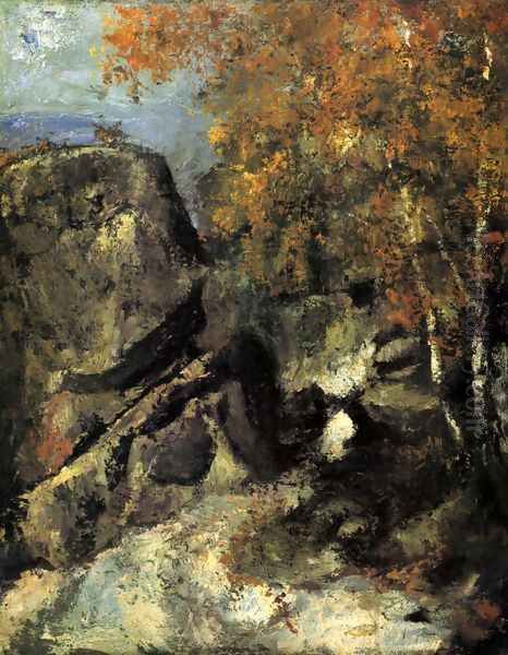 Rock in the forest of Fontainbleau Oil Painting by Paul Cezanne