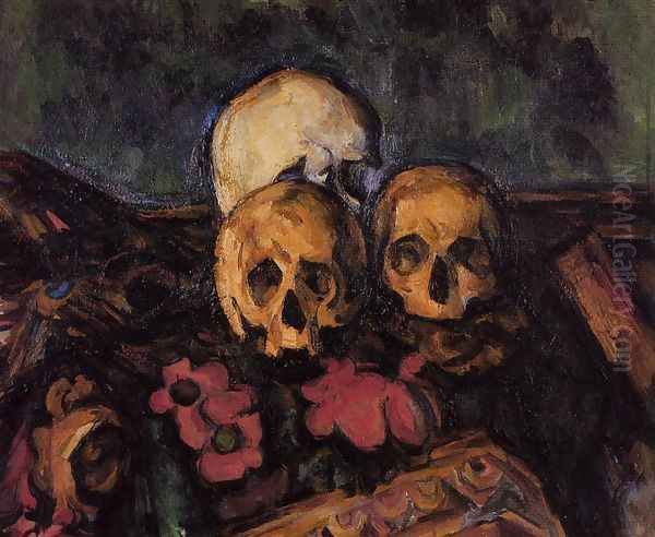 Three Skulls On A Patterned Carpet Oil Painting by Paul Cezanne