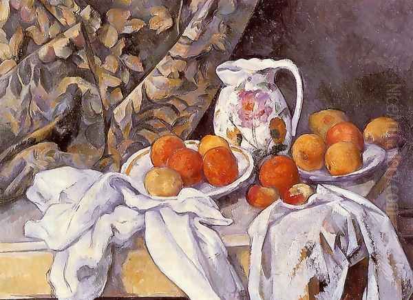 Still Life With Curtain And Flowered Pitcher Oil Painting by Paul Cezanne