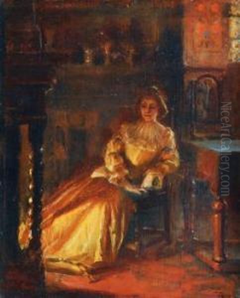 Junge Frau Am Kamin Oil Painting by Christian Clausen