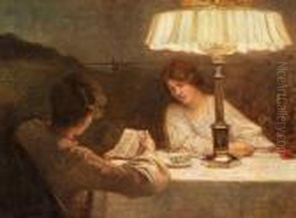 Figures Reading By Lamplight At Dusk Oil Painting by Christian Clausen