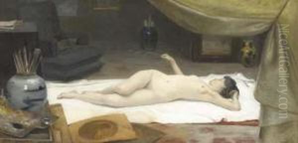 A Reclining Nude In A Studio Oil Painting by Christian Clausen