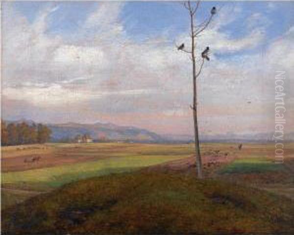 Parti Ved Dresden (view Over Fields Near Dresden) Oil Painting by Johan Christian Clausen Dahl