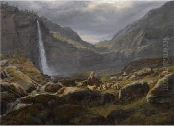 Utsyn Fra Feigumfossen I Lysterfjorden Oil Painting by Johan Christian Clausen Dahl