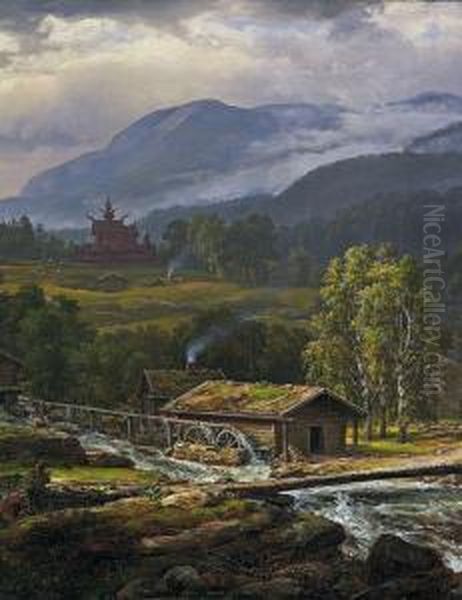 Landschaft Bei Kaupangermit Stabkirche Oil Painting by Johan Christian Clausen Dahl