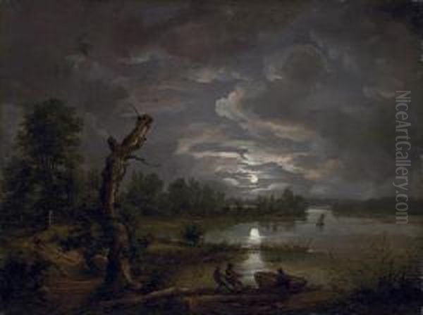 Lake Esrom By Moonlight Oil Painting by Johan Christian Clausen Dahl