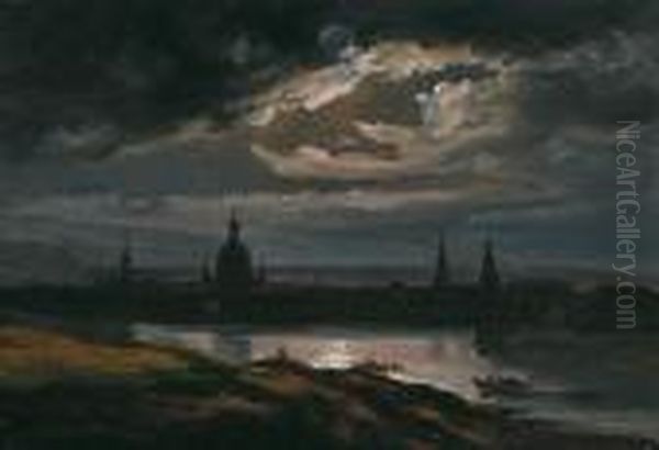 Circle Over Over The Elbe To Dresden At Night Oil Painting by Johan Christian Clausen Dahl