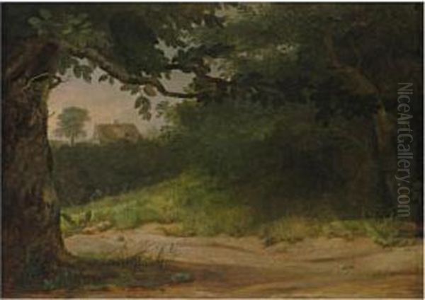 Dansk Landskap (road Through A Copse In Denmark) Oil Painting by Johan Christian Clausen Dahl