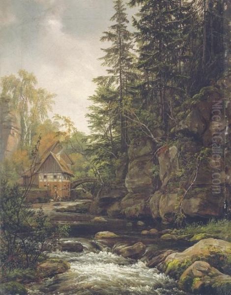 Die Lochmuhle In Der Sachsischen Schweiz Oil Painting by Johan Christian Clausen Dahl