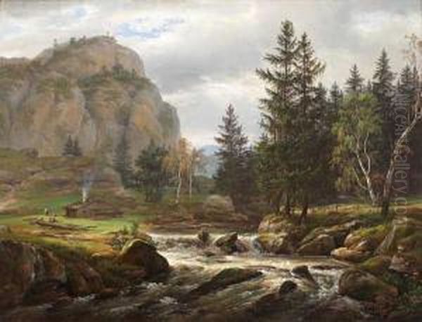 Nordisk Landskap Med Elv Oil Painting by Johan Christian Clausen Dahl