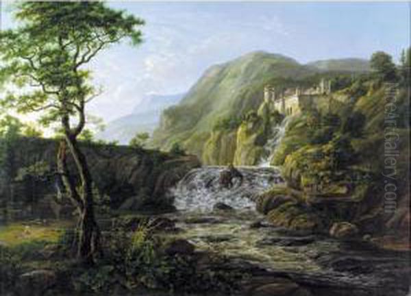 Fjell Landskap Med Slott (mountain Landscape With A Castle) Oil Painting by Johan Christian Clausen Dahl