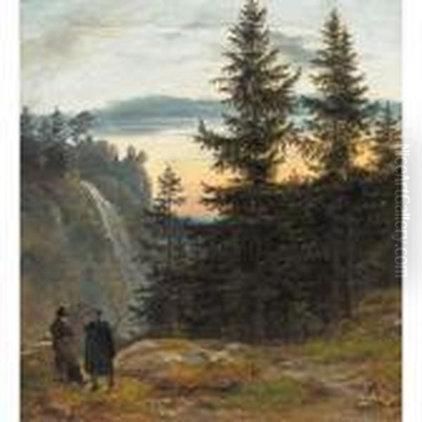 Utsikt Med Foss (view Over A Mountain Gorge With Waterfall) Oil Painting by Johan Christian Clausen Dahl