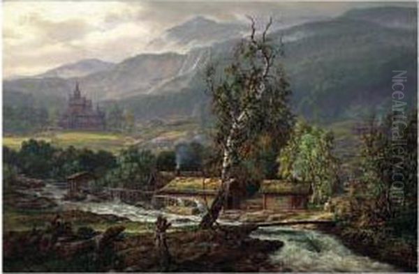 Kaupanger Med Vang Kirke (landscape In Kaupanger With A Stave Church) Oil Painting by Johan Christian Clausen Dahl