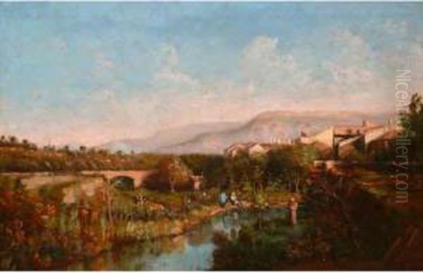 Lavandiere Au Pont De L'etoile. Oil Painting by Justin Jules Claverie