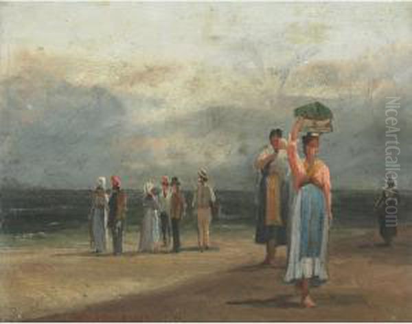 Townsfolk On A Beach, Cuba? Oil Painting by Henry Cleenewerck