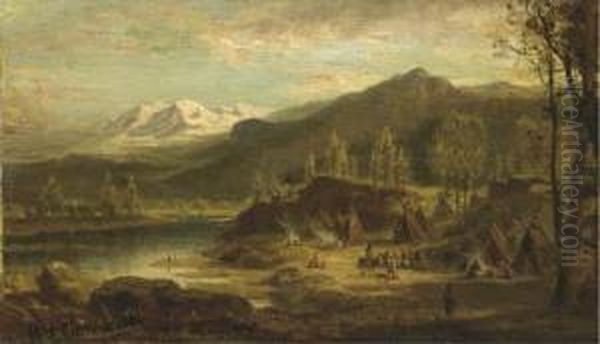 An Indian Camp By A River Oil Painting by Henry Cleenewerck