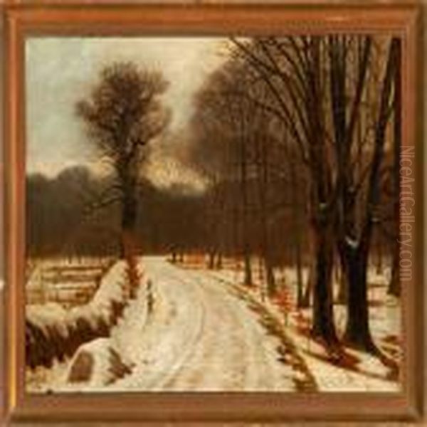 A Snow Covered Forest Road Oil Painting by Gustaf Adolf Clemens