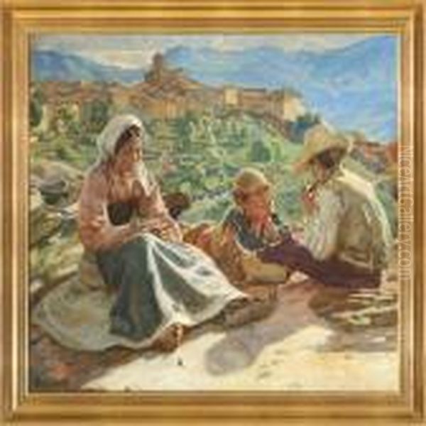 Children In A Italian Landscape Oil Painting by Gad Frederik Clement