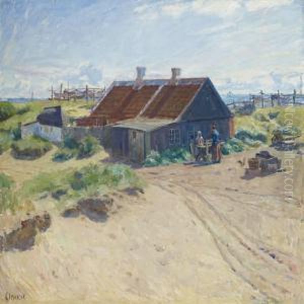 Scenery From Skagen With Women By Cottage Oil Painting by Gad Frederik Clement