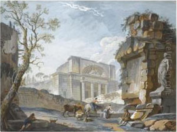 A Pair Of Italianate Landscapes With Figures Among Roman Ruins Oil Painting by Charles Louis Clerisseau