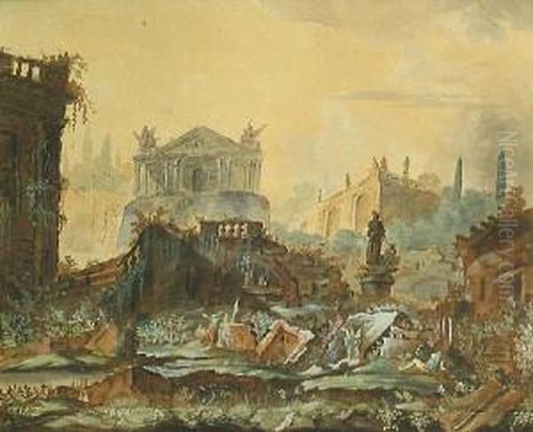 A View Of Classical Ruins With Figures Oil Painting by Charles Louis Clerisseau