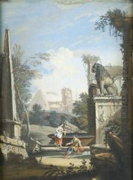 Figures Amid Roman Ruins Oil Painting by Charles Louis Clerisseau