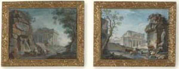 A Pair Of Landscapes With Roman Ruins Oil Painting by Charles Louis Clerisseau