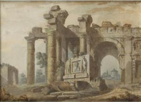 Ruines Romaines [charles Louis 
Clerisseau ; Roman Ruins ; Pen And Brown Ink, Gouache, Watercolour] Oil Painting by Charles Louis Clerisseau