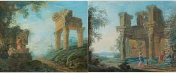 Paire De Paysages De Ruines Animes Oil Painting by Charles Louis Clerisseau