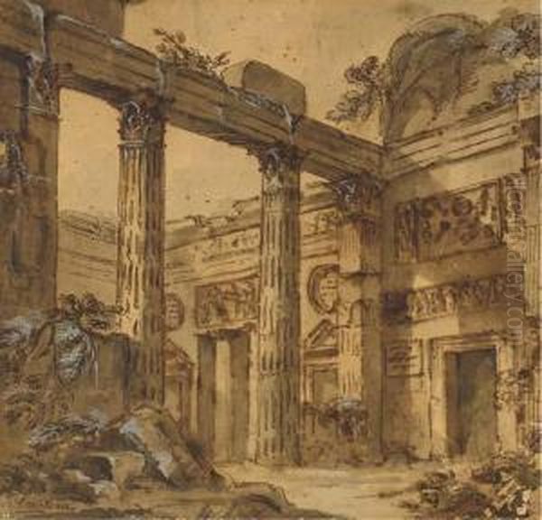 Une Fantaisie Architecturale D'un Temple En Ruine Oil Painting by Charles Louis Clerisseau