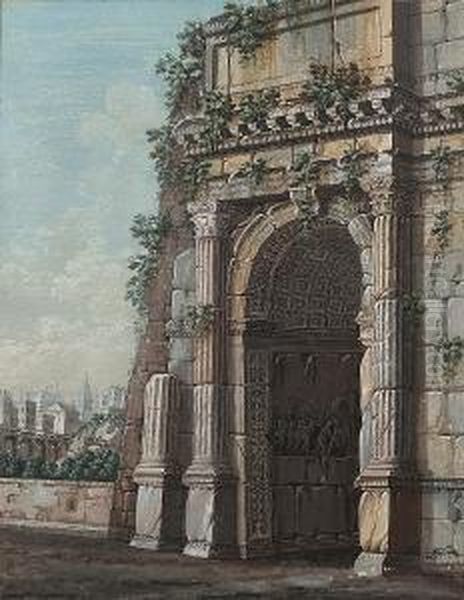 A Ruined Triumphal Arch Against A Capricious Townscape Oil Painting by Charles Louis Clerisseau