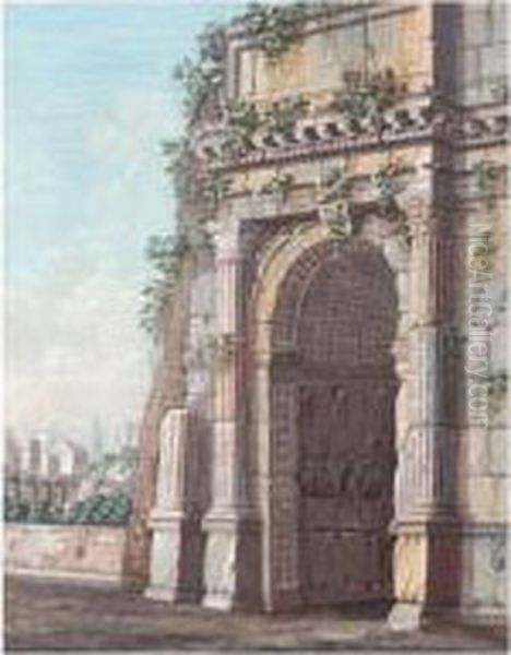 View Of A Ruined Triumphal Arch With Fantastical Townscape Oil Painting by Charles Louis Clerisseau