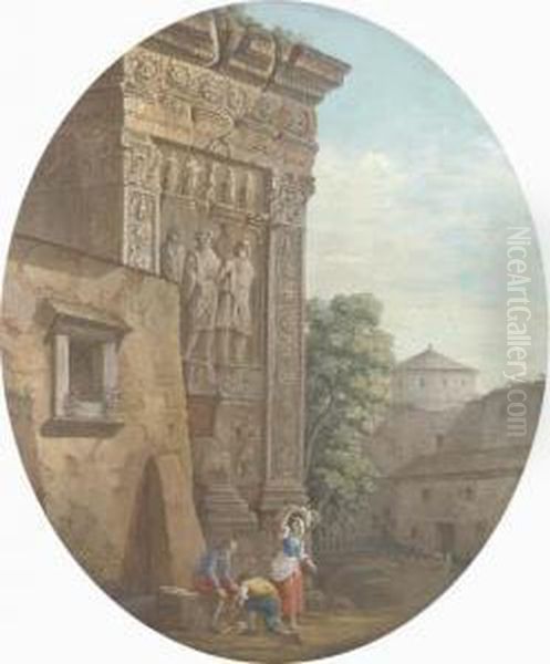 The Arch Of The Argentieri, Rome, With Figures In Theforeground Oil Painting by Charles Louis Clerisseau