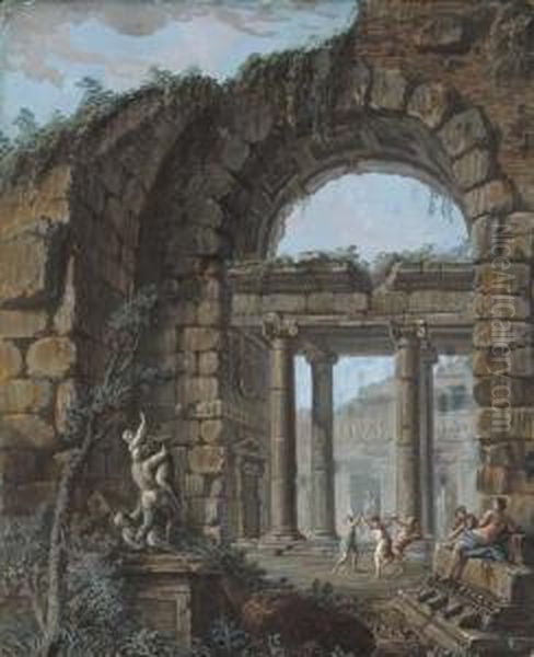 A Ruined Classical Villa With Figures Dancing Oil Painting by Charles Louis Clerisseau