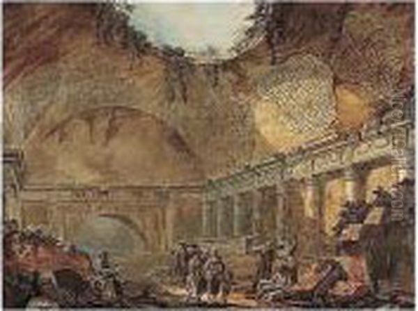 Figures In A Ruined Temple Oil Painting by Charles Louis Clerisseau