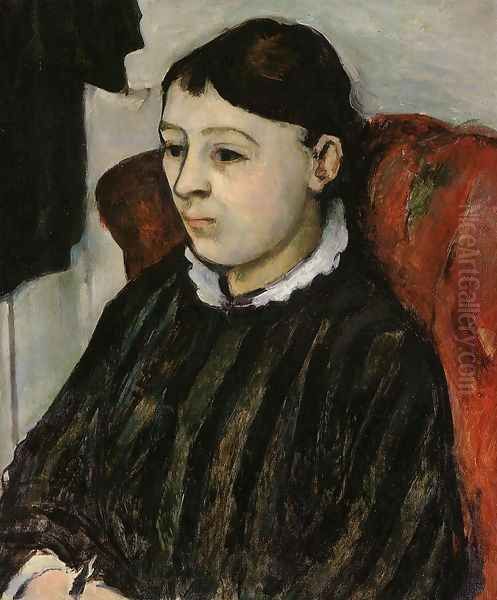 Madame Cezanne In A Striped Robe Oil Painting by Paul Cezanne