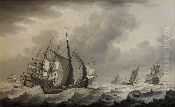 Dutch Merchantmen And Smaller Coastal Craft In A Heavy Swell Oil Painting by John the Younger Cleveley