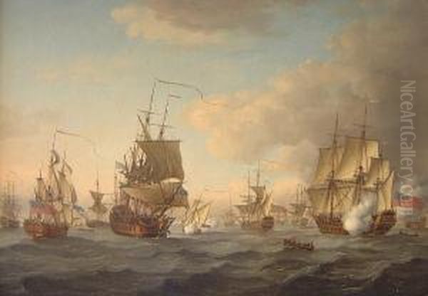 British Naval Shipping Firing Salutes Oil Painting by John the Younger Cleveley