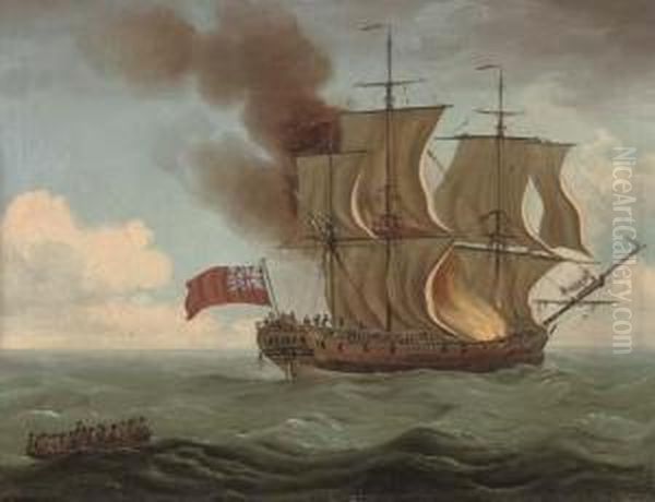 The 
Luxborough Galley 
 On Fire Oil Painting by John the Younger Cleveley