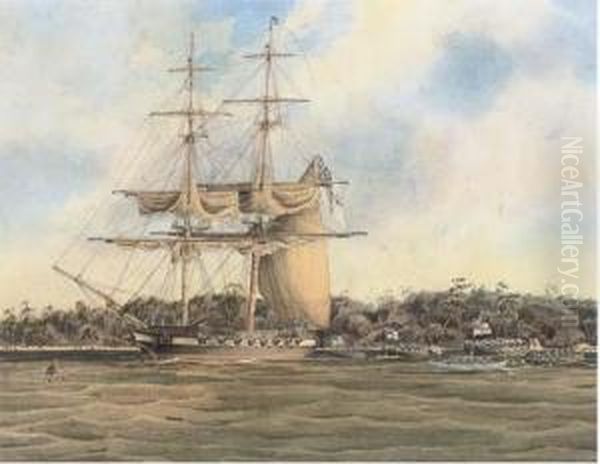 An English Frigate Lying At Anchor Off A Tropical Beach Oil Painting by John the Younger Cleveley