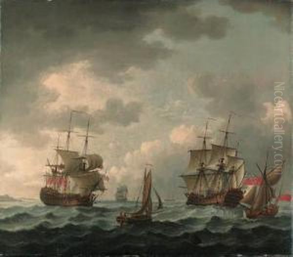 A British Man-o'-war In Two Positions, With Other Vessels Off Acoast Oil Painting by John the Younger Cleveley