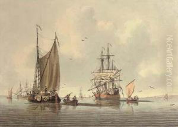 Shipping Becalmed Oil Painting by John the Younger Cleveley